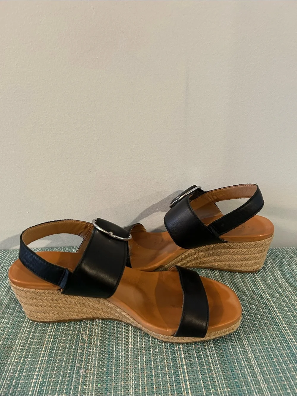 Black Wedge Espadrille Sandals with Silver Buckle